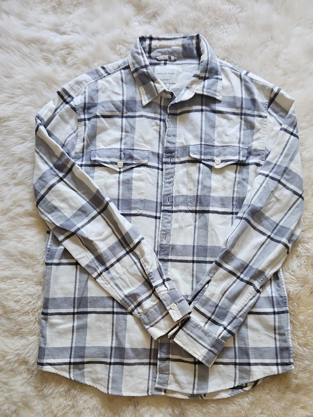 American Eagle Outfitters White and Gray Plaid Button-Down Shirt